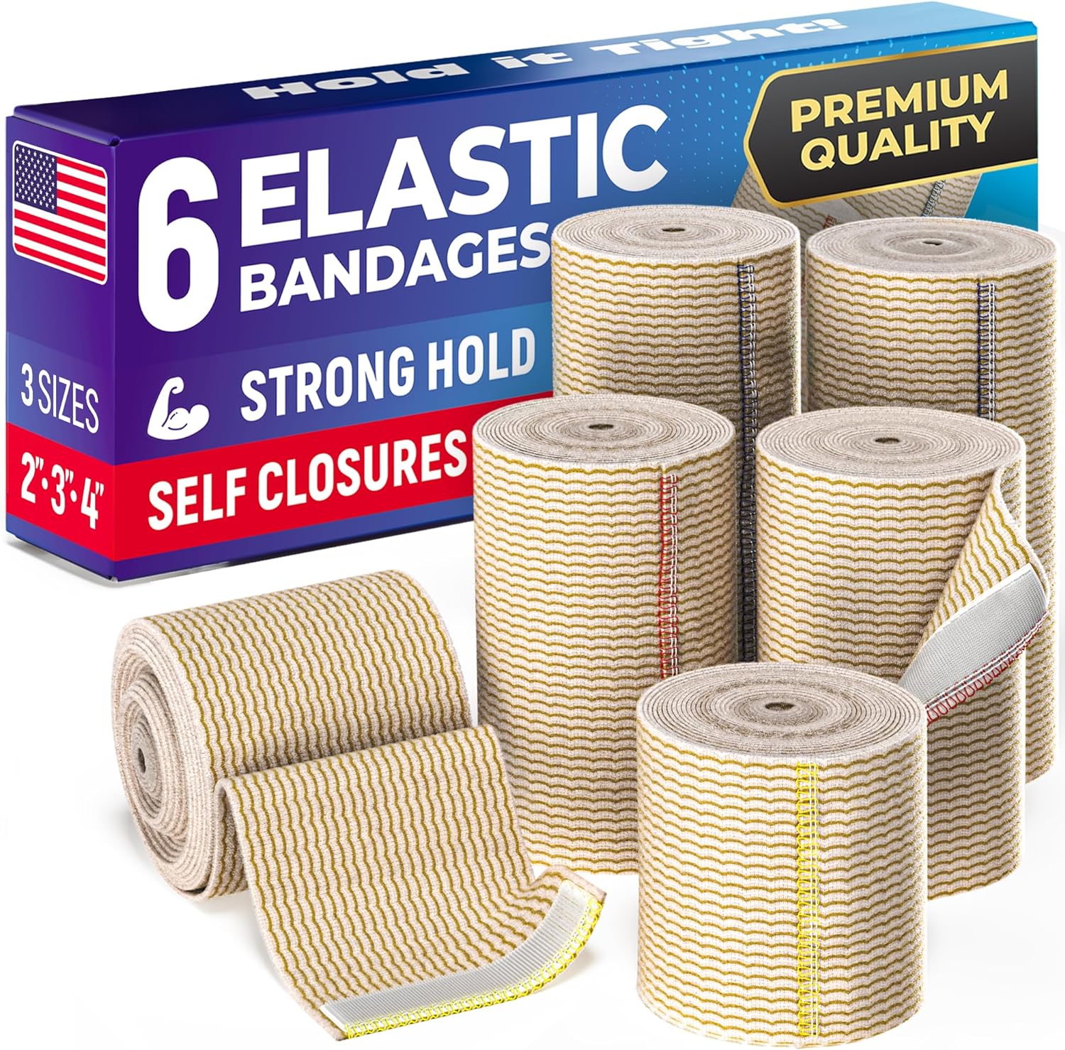 Elastic Compression Bandage Wrap - Premium Quality (Set of 4) with Hooks,  Athletic Sport Support Tape Rolls for Ankle, Wrist, Arm, Leg Sprains | Each